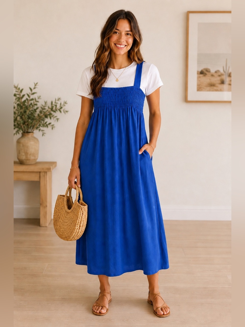 J.NNA. Midi Dress Women’s Sz L Royal Blue Square Neckline Wide Straps Pockets